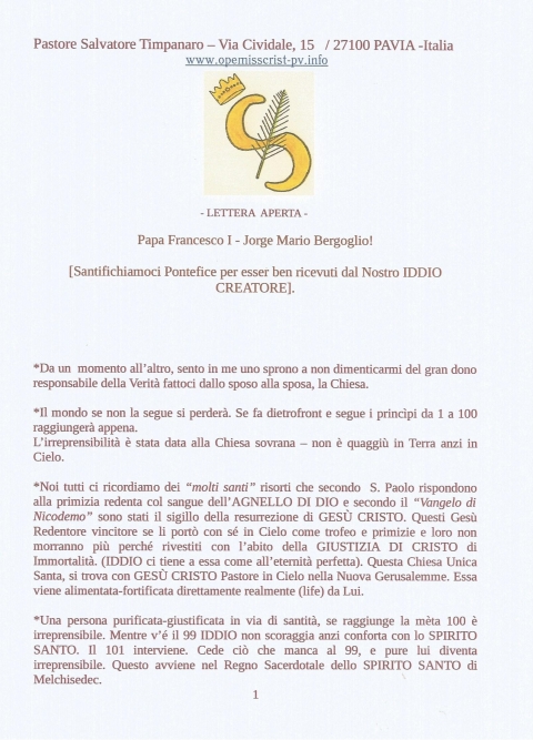 LETTERA A FRANCESCO I - NUOVA GERUSALEMME