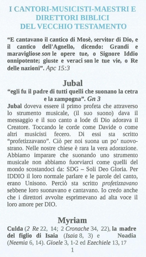 I CANTORI-MUSICISTI-MAESTRI E DIRETTORI BIBLICI DEL VECCHIO TESTAMENTO - NUOVA GERUSALEMME